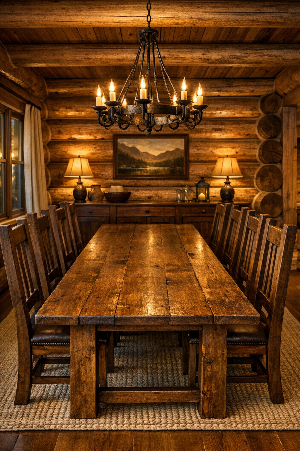 Dining room with a long handcrafted wood table and iron chandelier