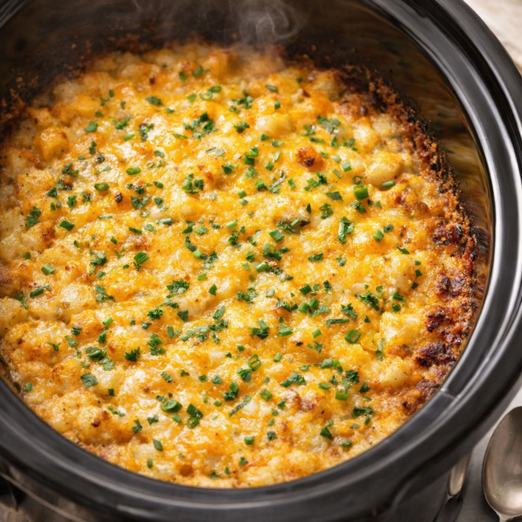 Finished hash brown casserole with melted cheddar on top