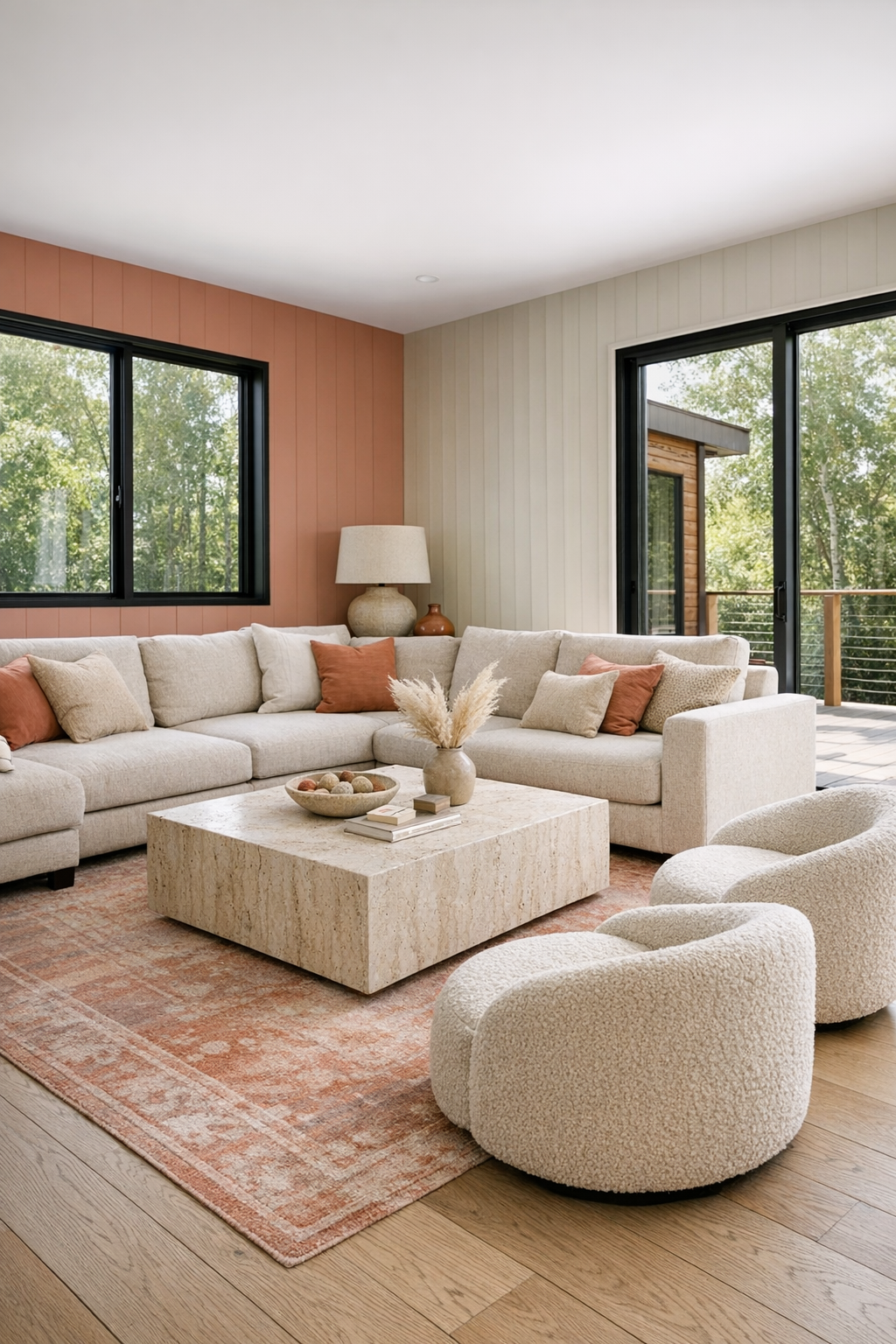 Living room with oatmeal sectional, coral-toned rug, boucle chairs, and white oak floors