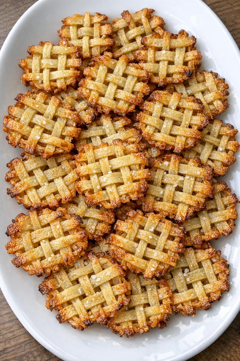 Golden crispy woven potato lattice bites on a white oval platter