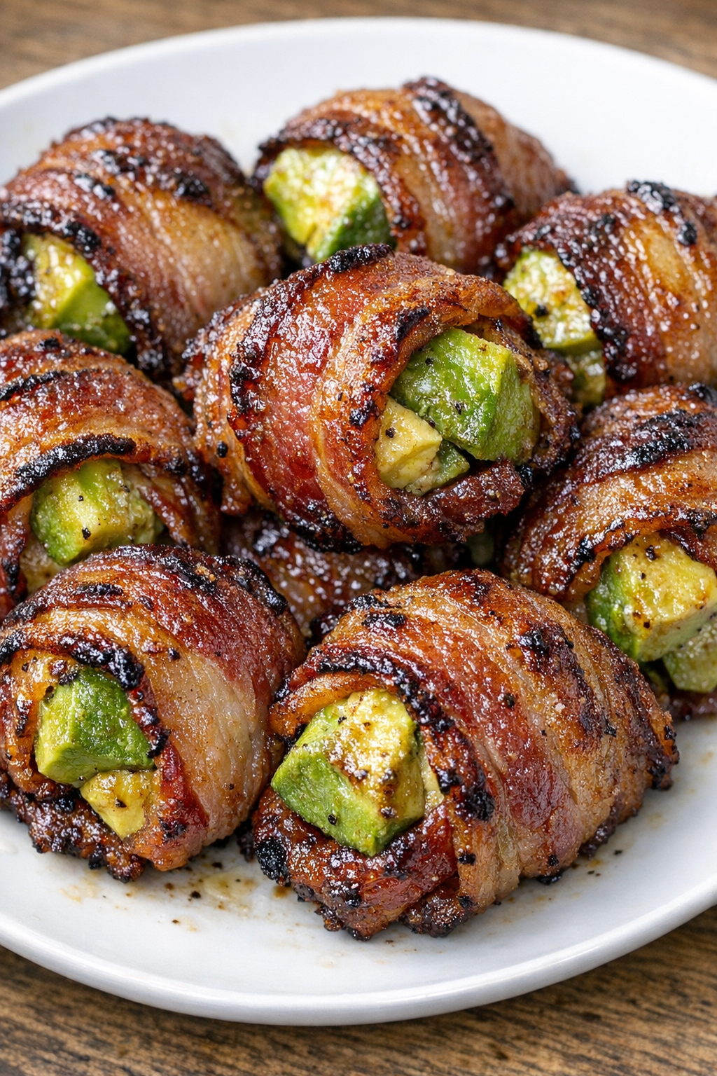 Finished bacon avocado bombs on a white plate