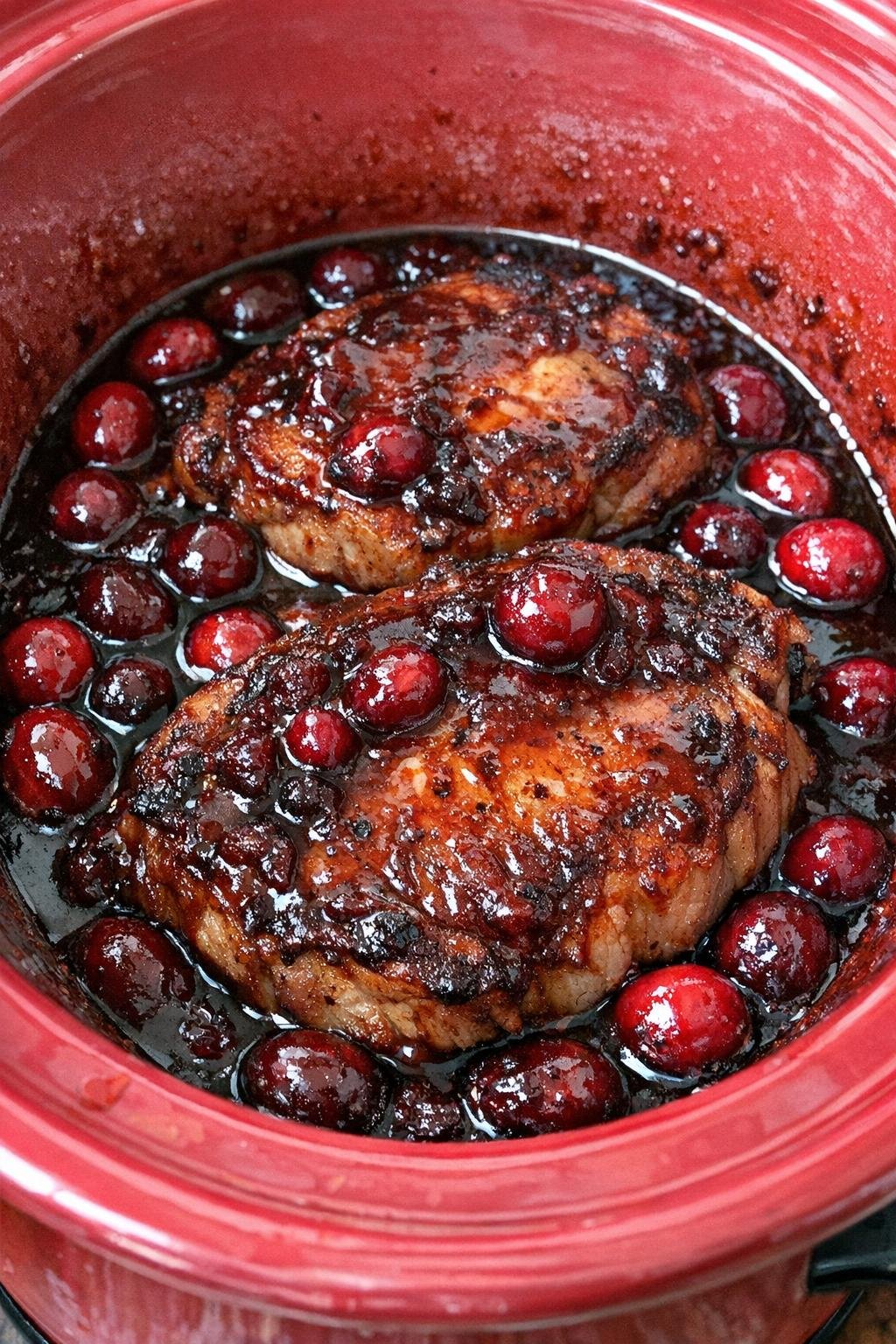 Slow cooker cranberry balsamic pork chops in a red slow cooker