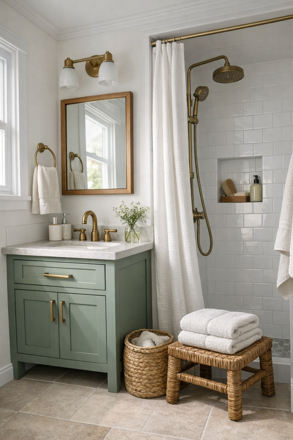Bright tiny home bathroom with painted vanity, white tile shower, and brass fixtures