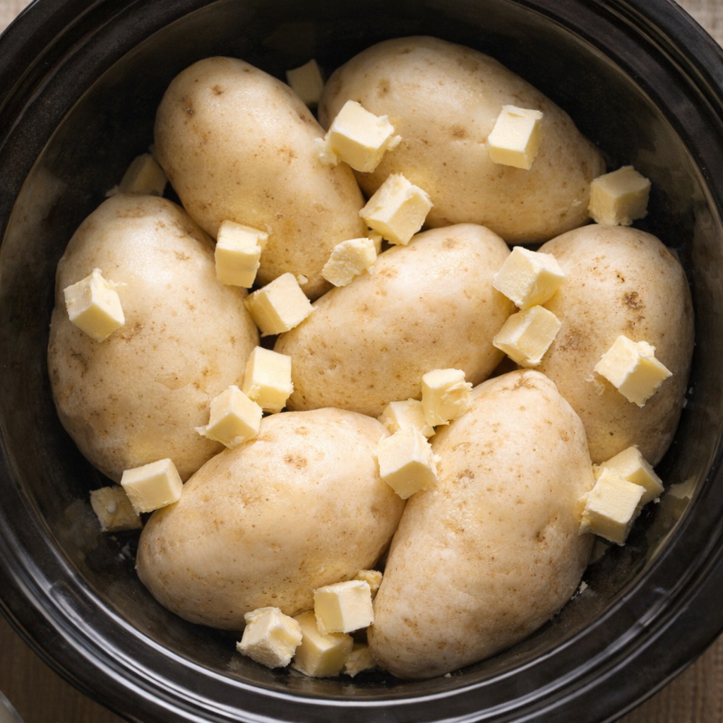 Whole peeled potatoes arranged in a slow cooker with butter chunks