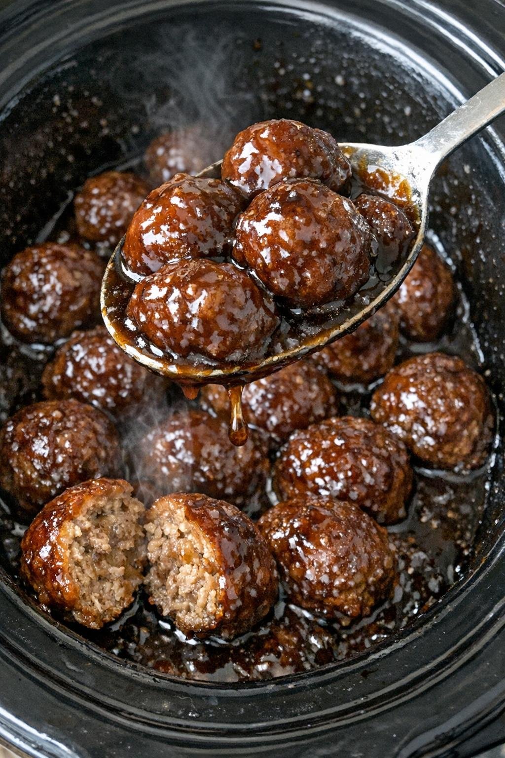 Tender glazed beef meatballs in a slow cooker