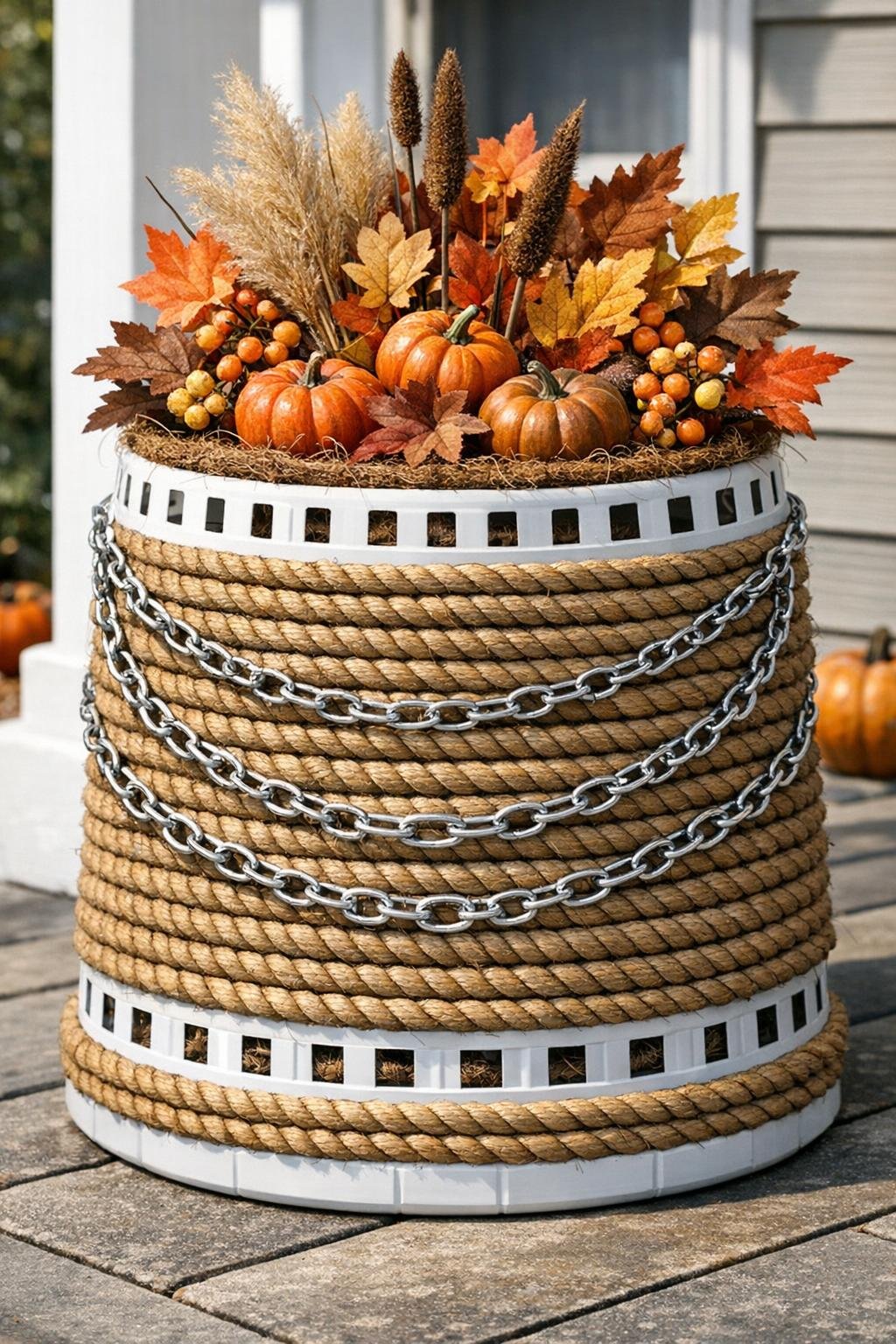 Finished harvest porch planter made from a flipped laundry basket