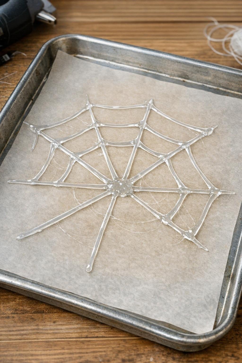 Spiderweb pattern taking shape with curved hot glue arcs between spokes