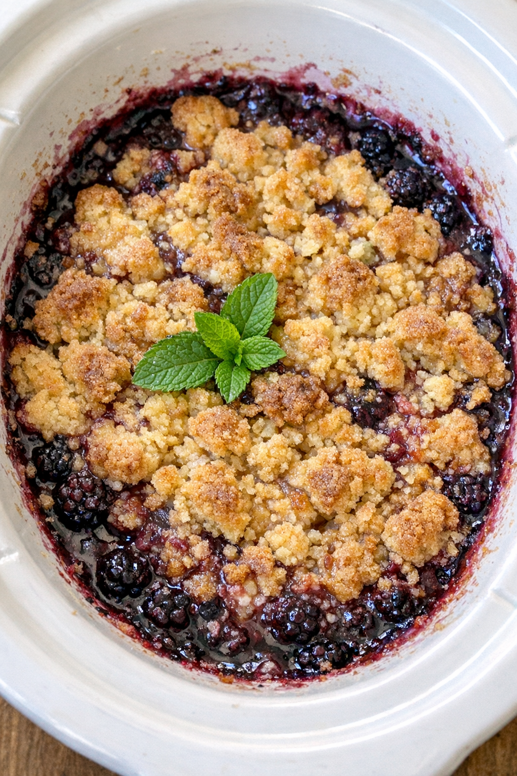 Slow cooker blackberry smash cobbler in a white slow cooker