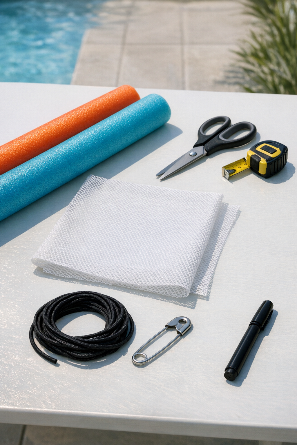 Materials for a floating pool tray laid out on a table