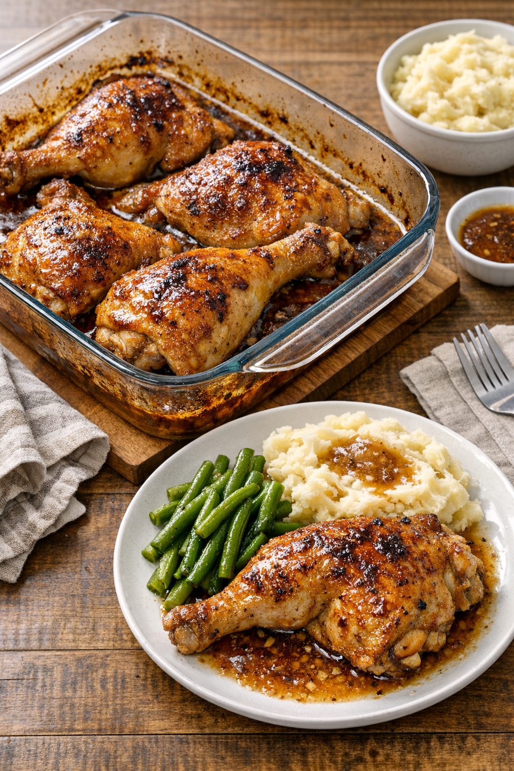 Baked chicken leg quarters in a glass casserole dish
