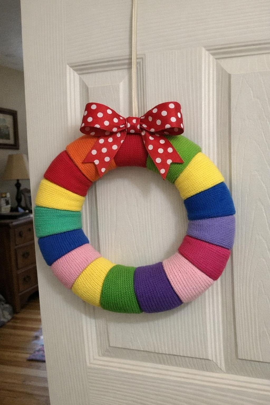 A colorful wreath made from bright sock cuffs on a foam ring