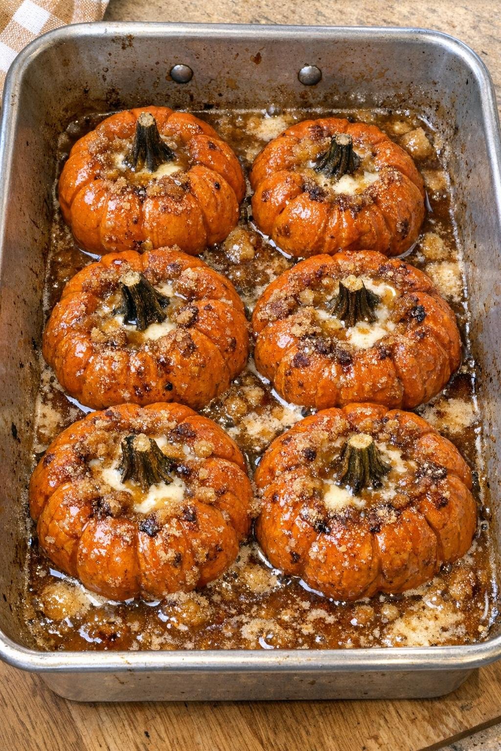 Finished baked mini pumpkins dessert in a roasting pan