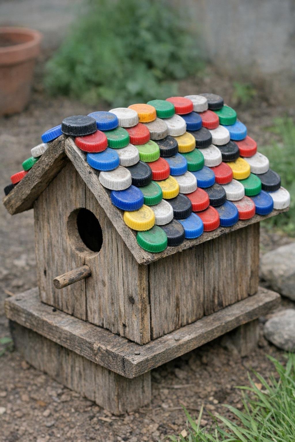 Birdhouse with bottle cap roof shingles