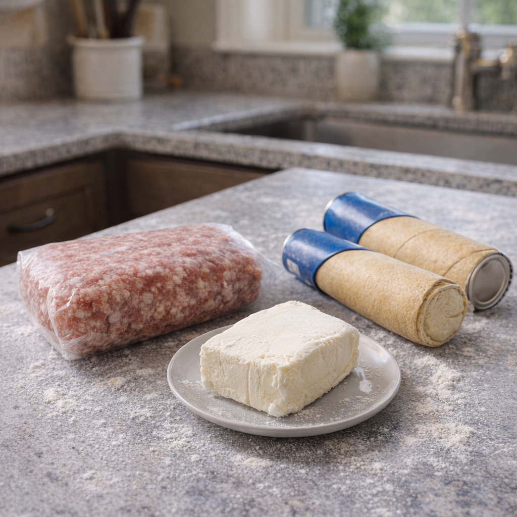 Simple ingredients for sausage cream cheese crescents on a kitchen counter