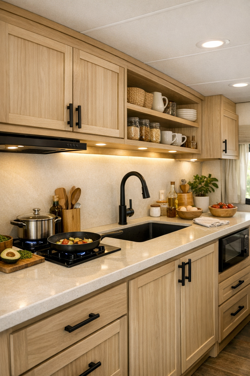 Minimal RV kitchen with pale wood cabinets, creamy counters, and black fixtures