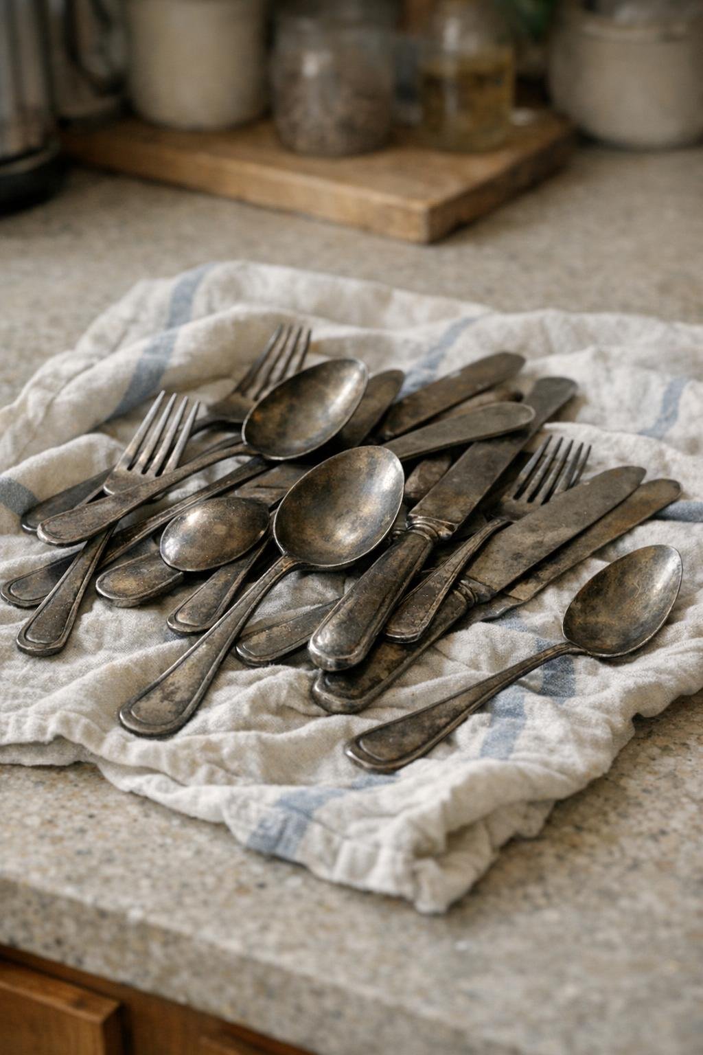 Tarnished silverware spread on a kitchen towel