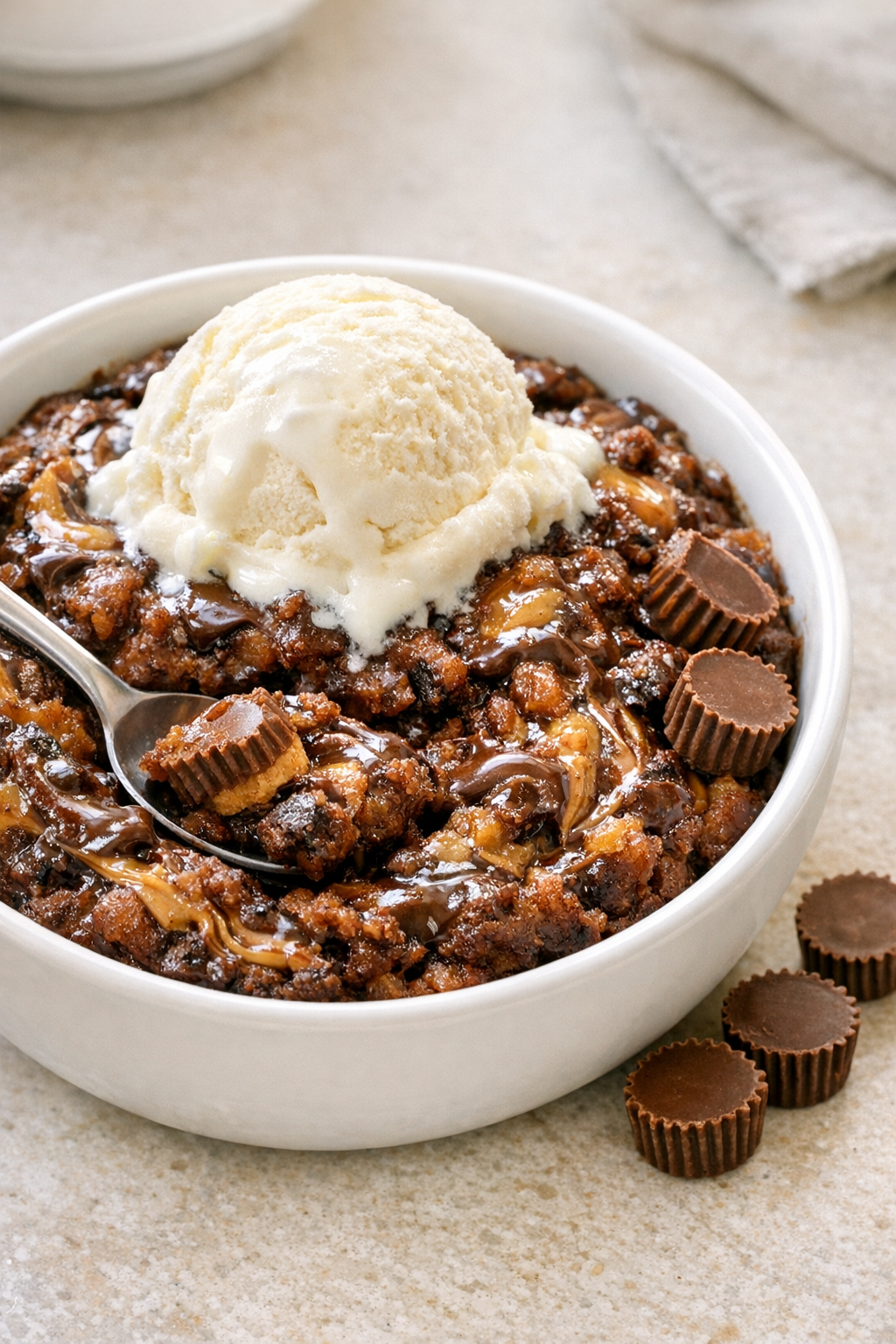 Finished slow cooker peanut butter cup chocolate dessert
