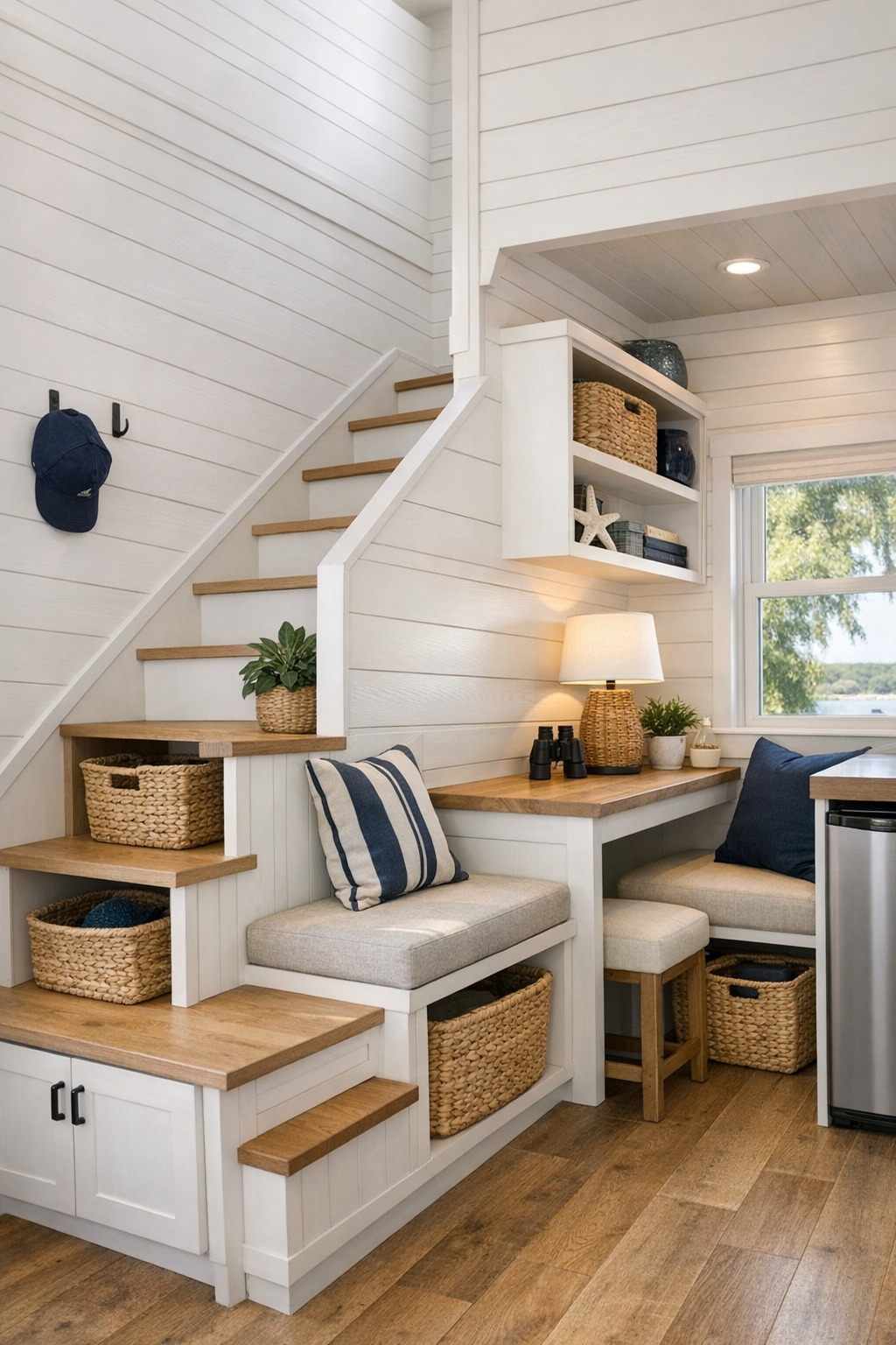 Thoughtful small-space interior with built-ins, light wood, and coastal storage details