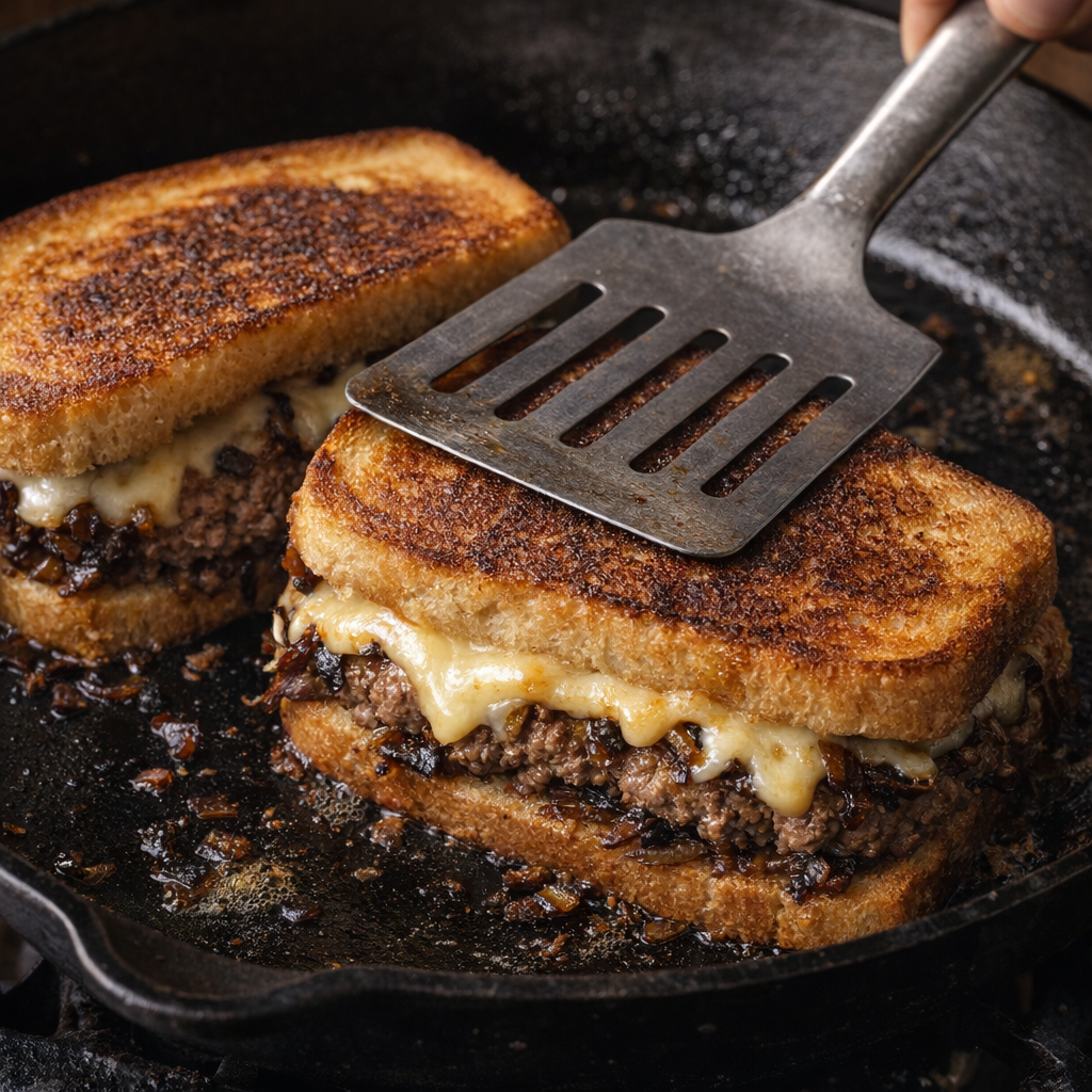 Patty melts grilling in a skillet with a spatula