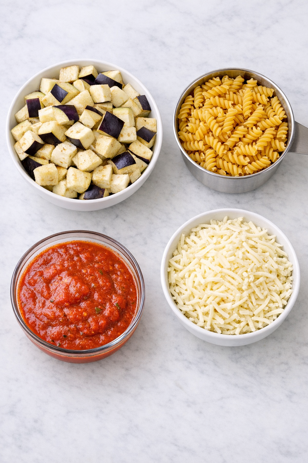 Measured ingredients for eggplant parmesan pasta packets