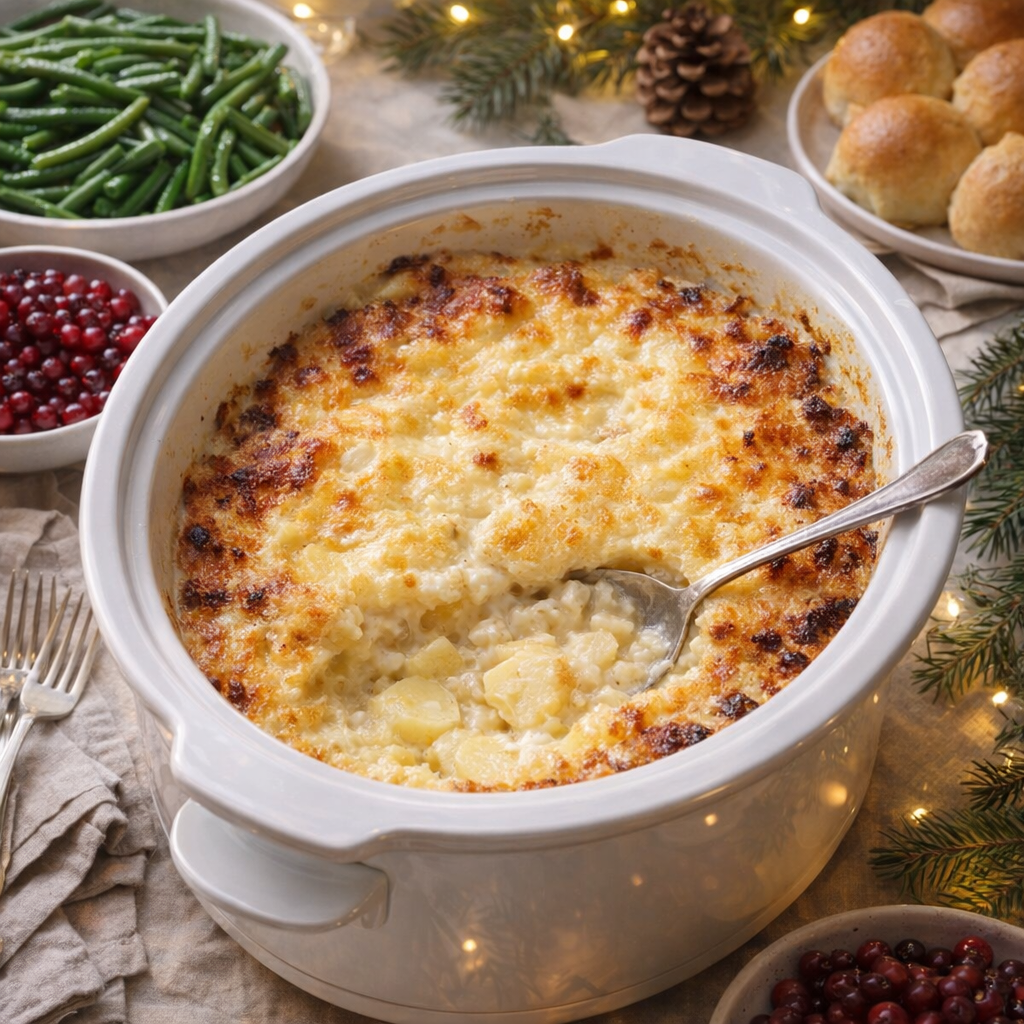 Creamy potato bake served from a slow cooker on a holiday table