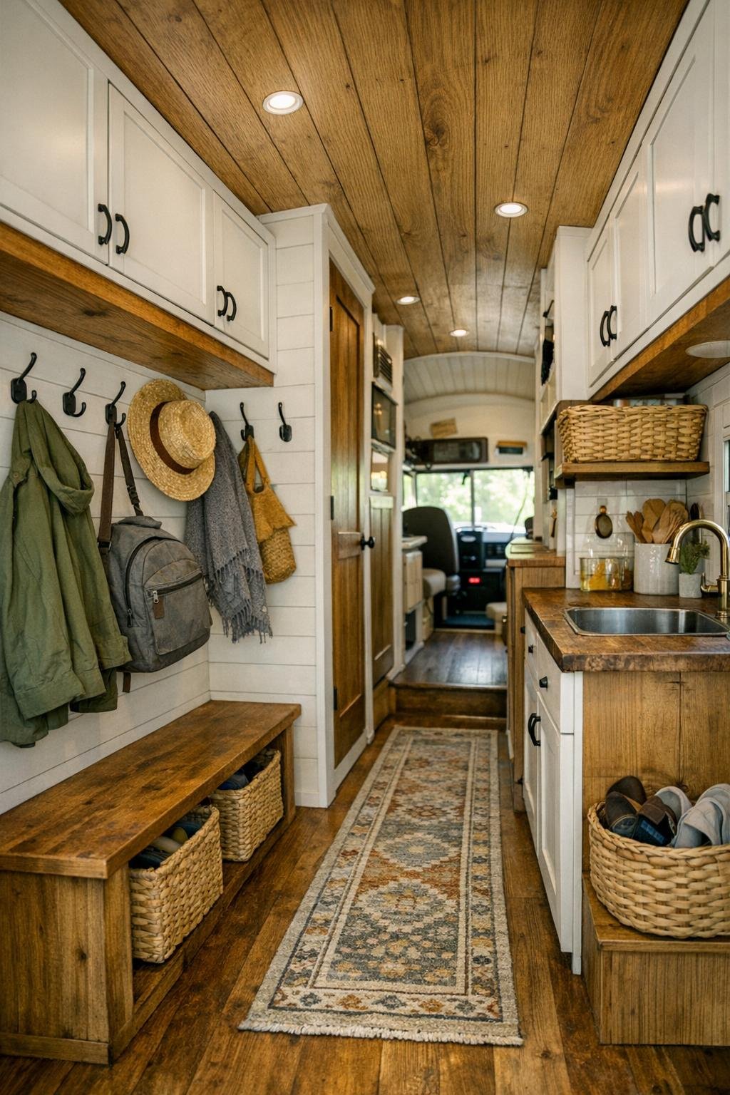 Functional bus hallway and storage area with built-in cabinets and entry hooks