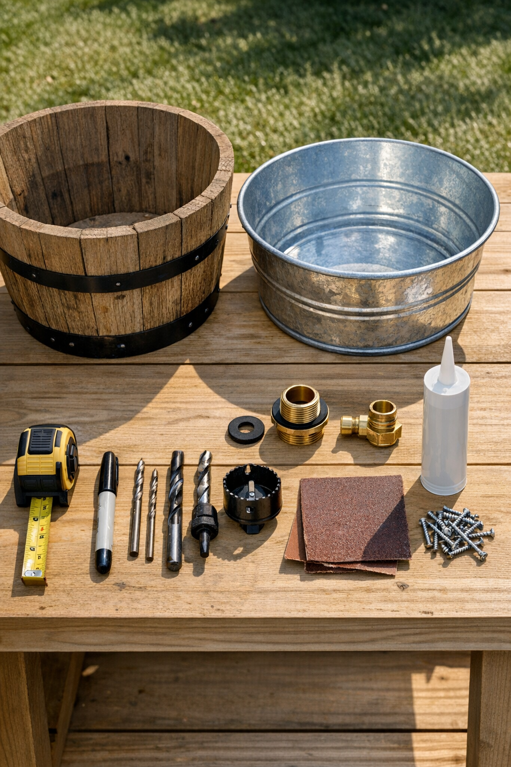 Materials for a wooden barrel drink cooler laid out on a work surface