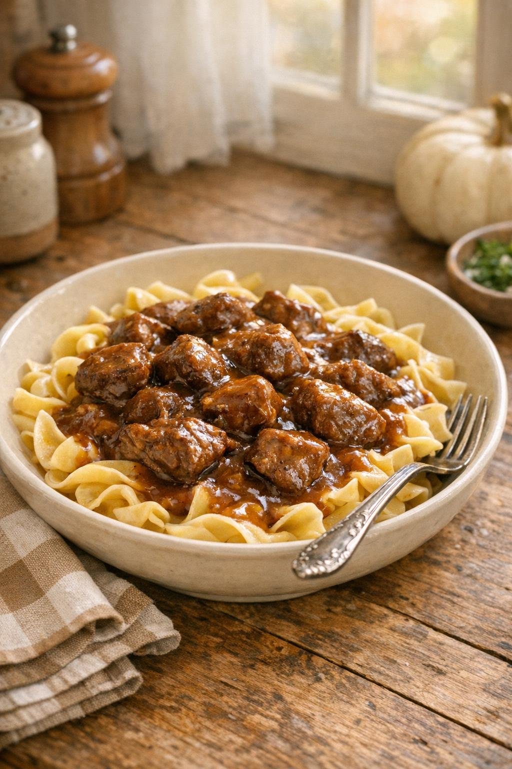 Finished beef tips with gravy over egg noodles