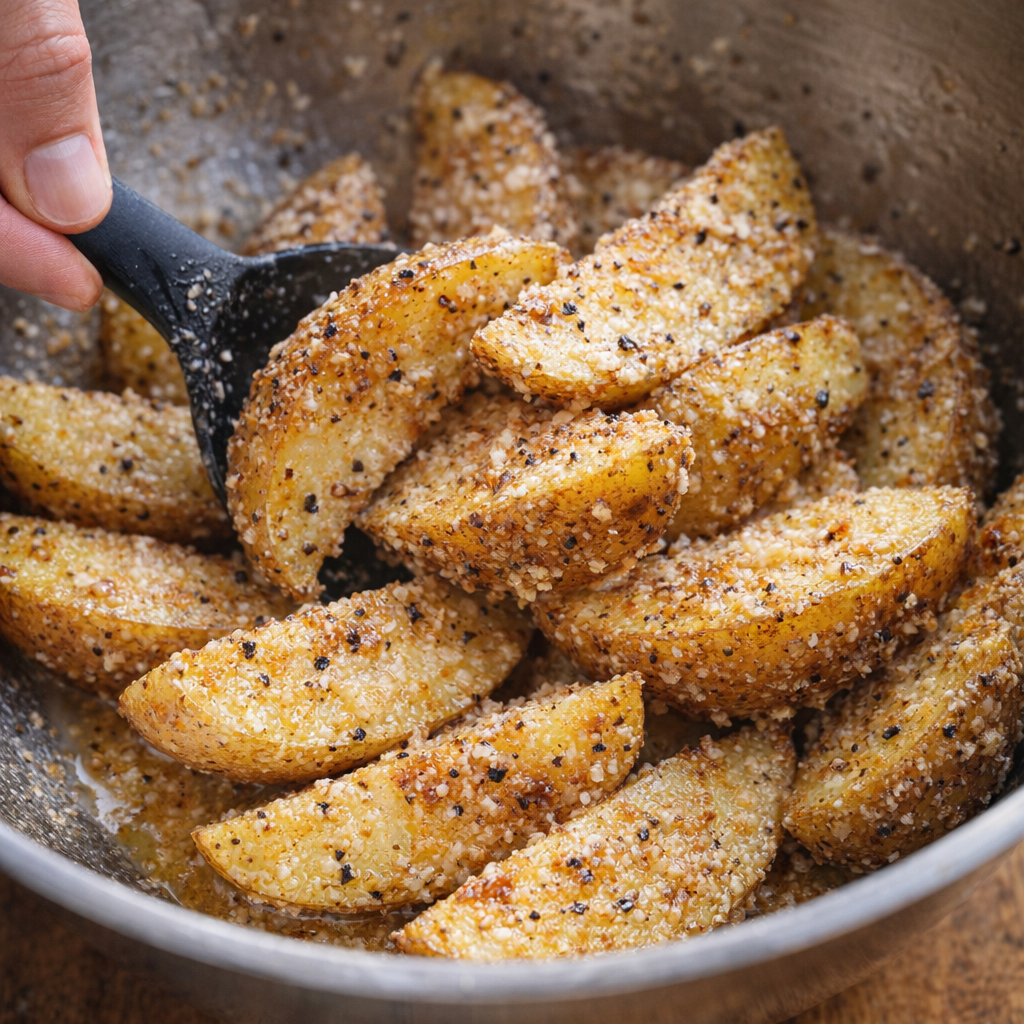 Potato wedges coated with butter and Parmesan in a mixing bowl