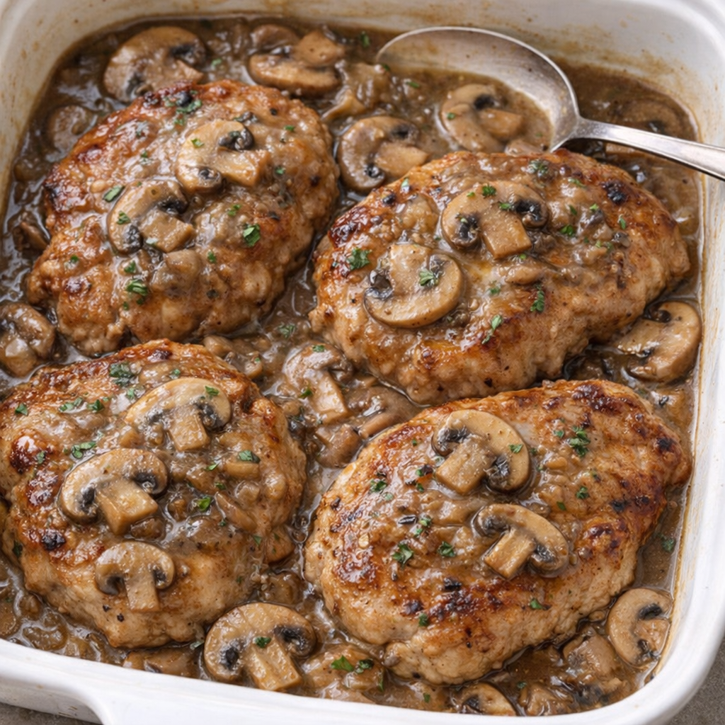 Finished baked pork chops resting in mushroom gravy