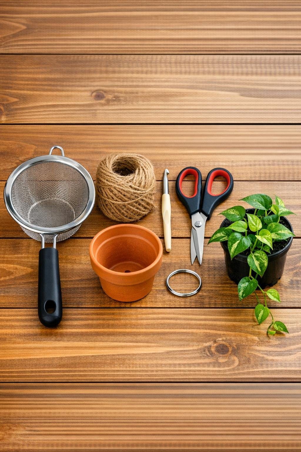 Materials for a crochet strainer hanging planter laid out on a table