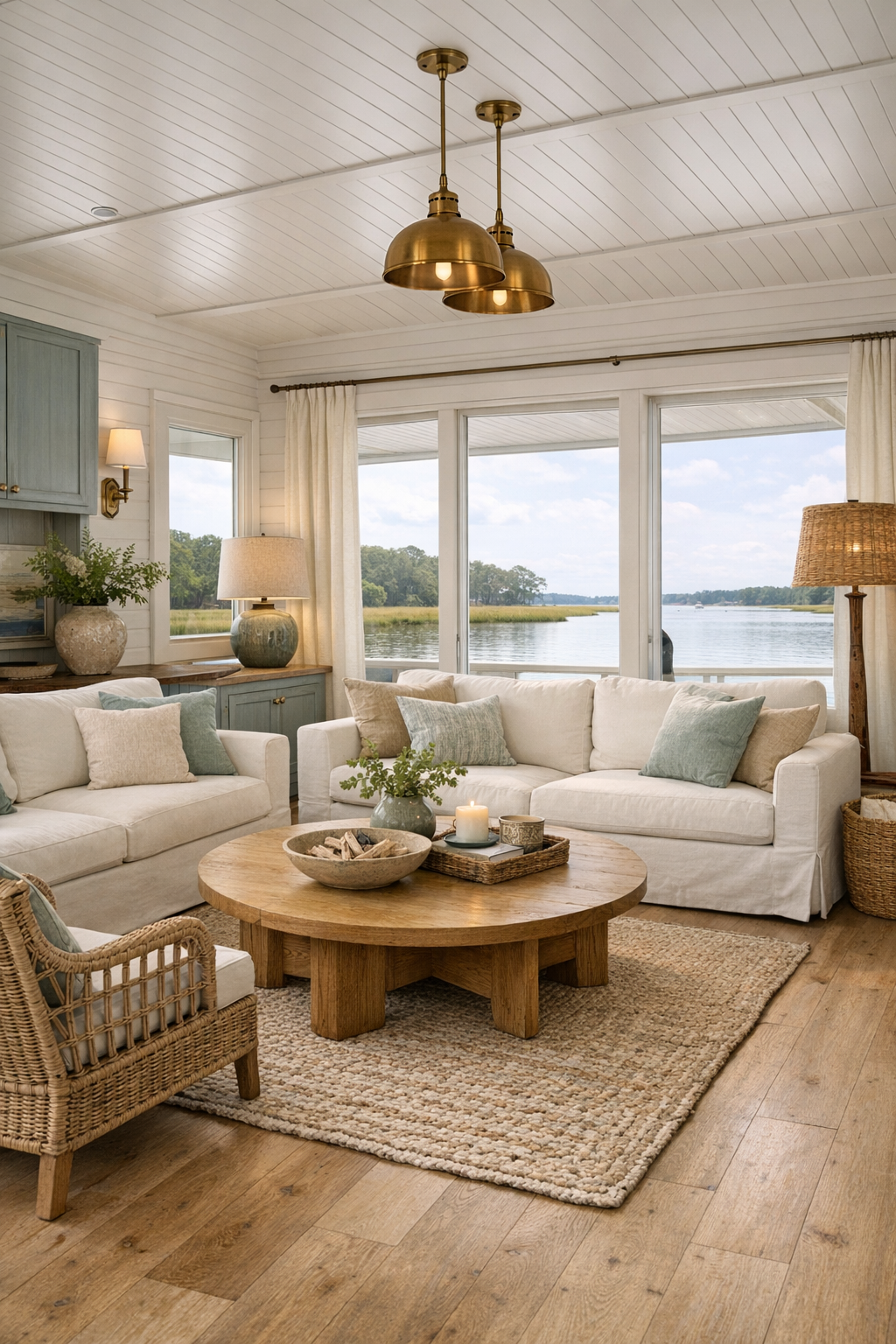 Bright barrier-free Lowcountry living room with slipcovered sofas and water views