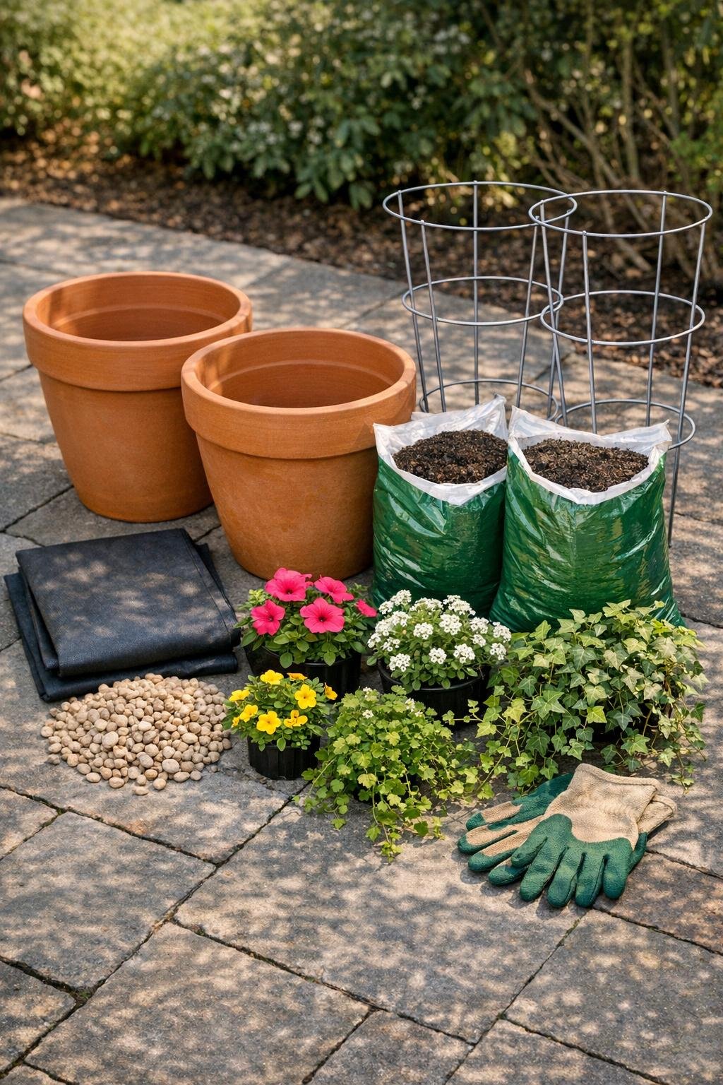 Materials for making a porch planter with terracotta pots and tomato cages