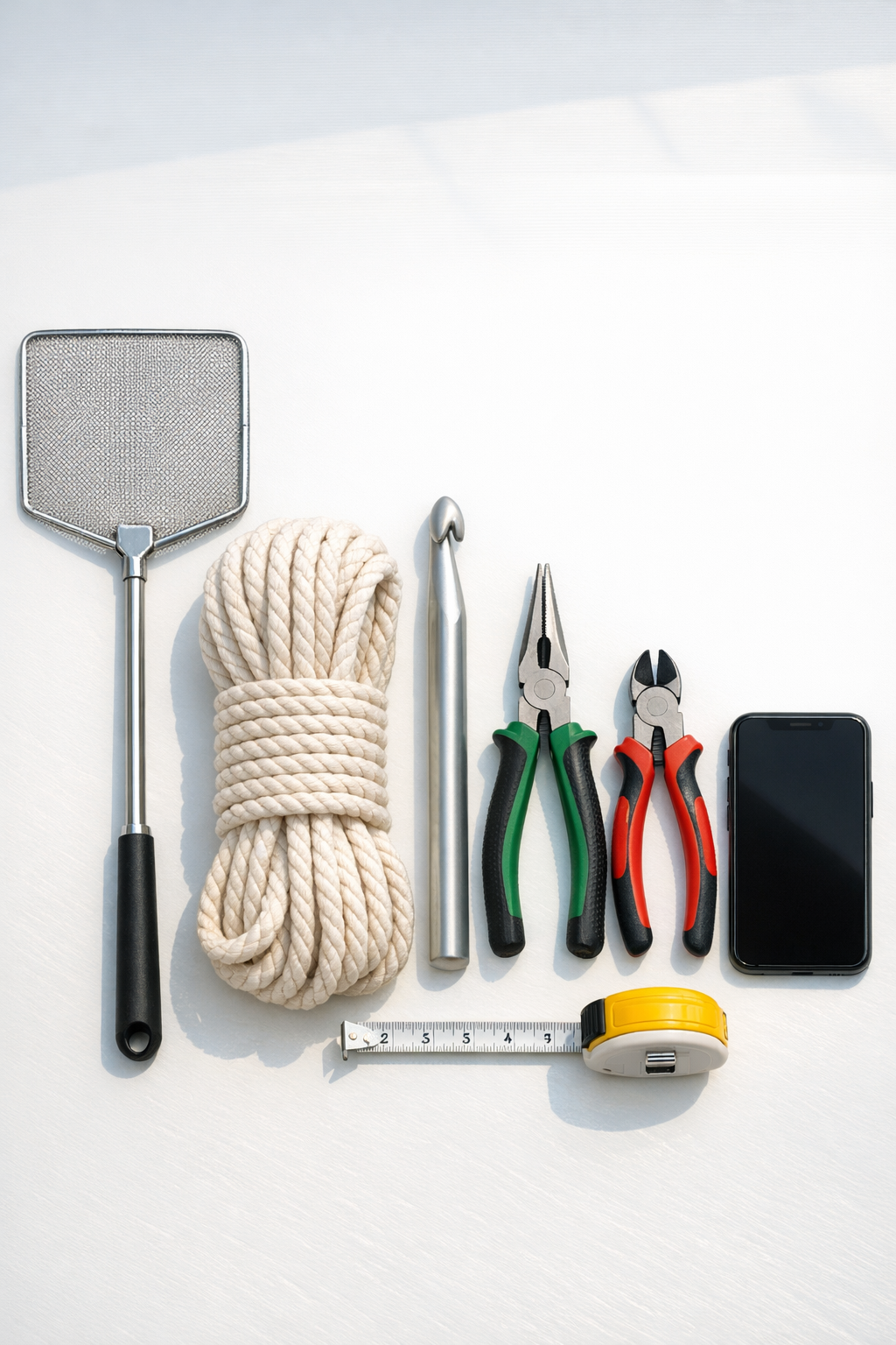 Materials laid out for the crochet flyswatter phone holder stand