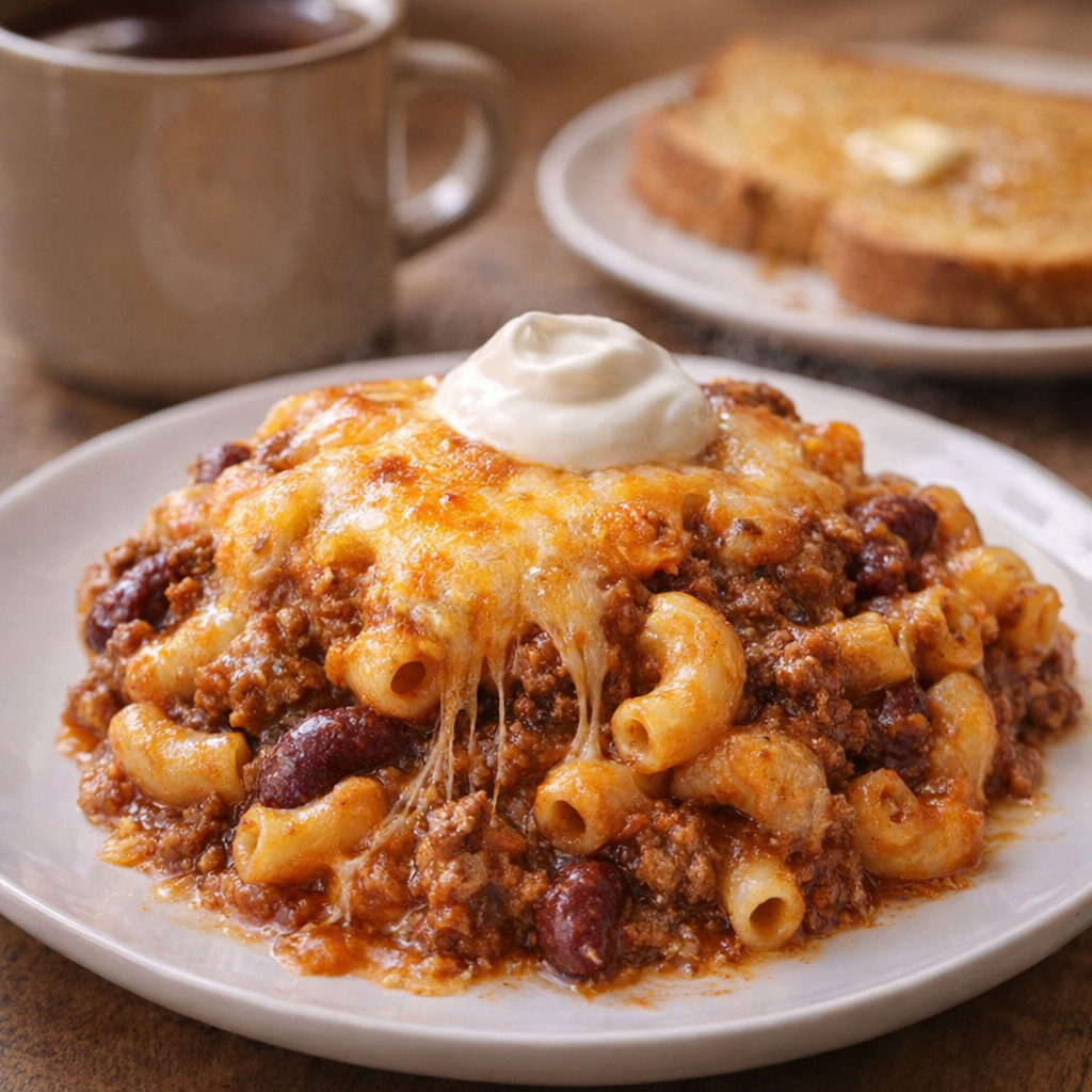 Served scoop of chili mac with tea and toast