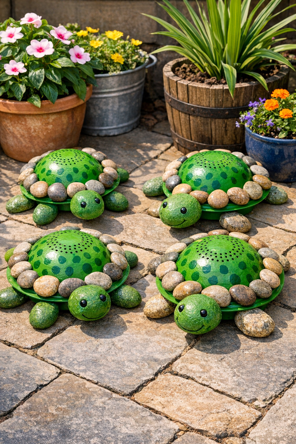 Finished decorative backyard turtles made from green colanders and river rocks