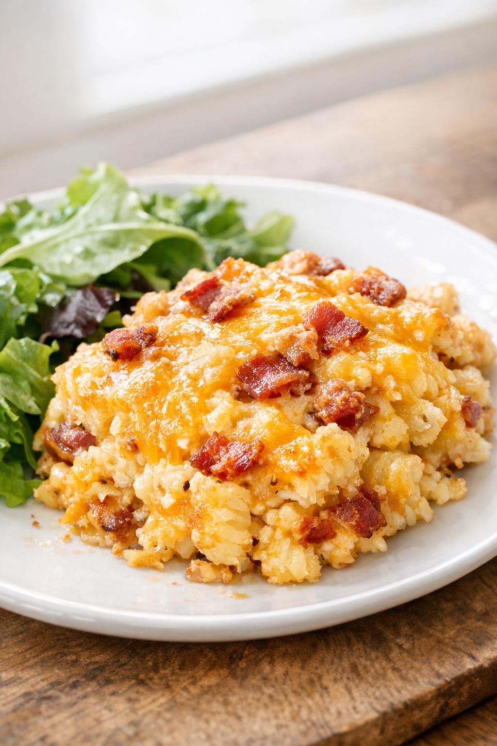 Een op een bord geserveerde aardappelgratin met cheddar en spek, geserveerd met eenvoudige bijgerechten.
