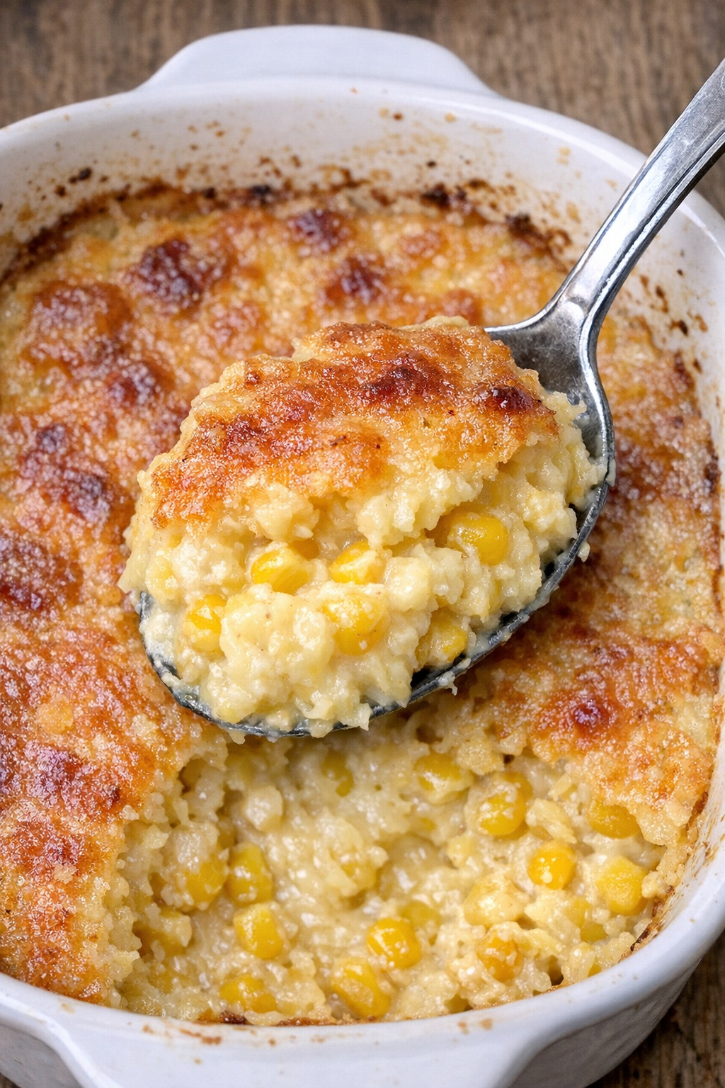 Corn Beaumont casserole with spoon lifting a creamy portion