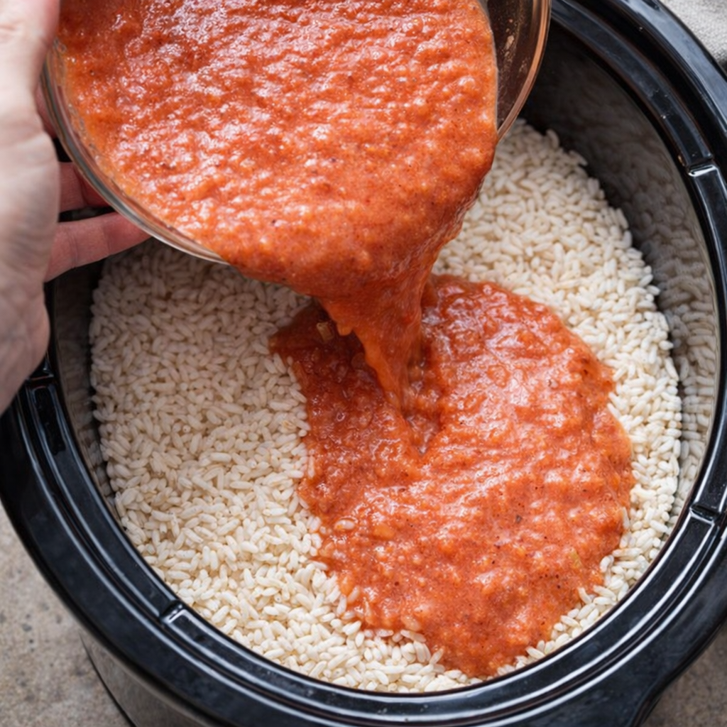 Tomato soup mixture being poured over rice in a slow cooker