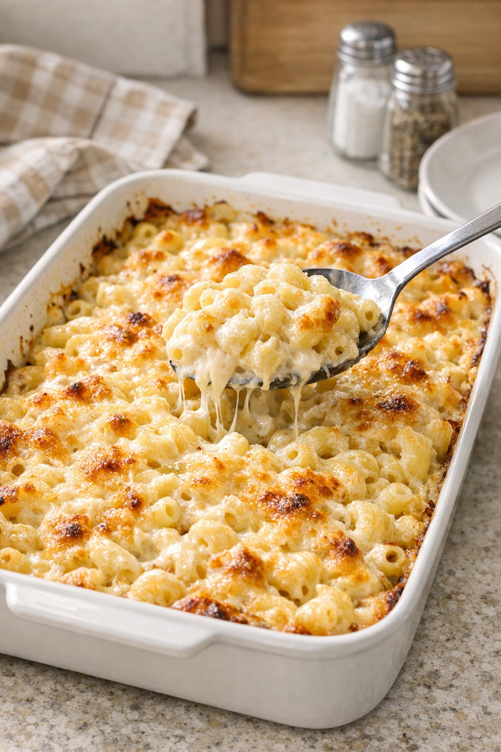 Finished baked onion cream cheese macaroni in a casserole dish