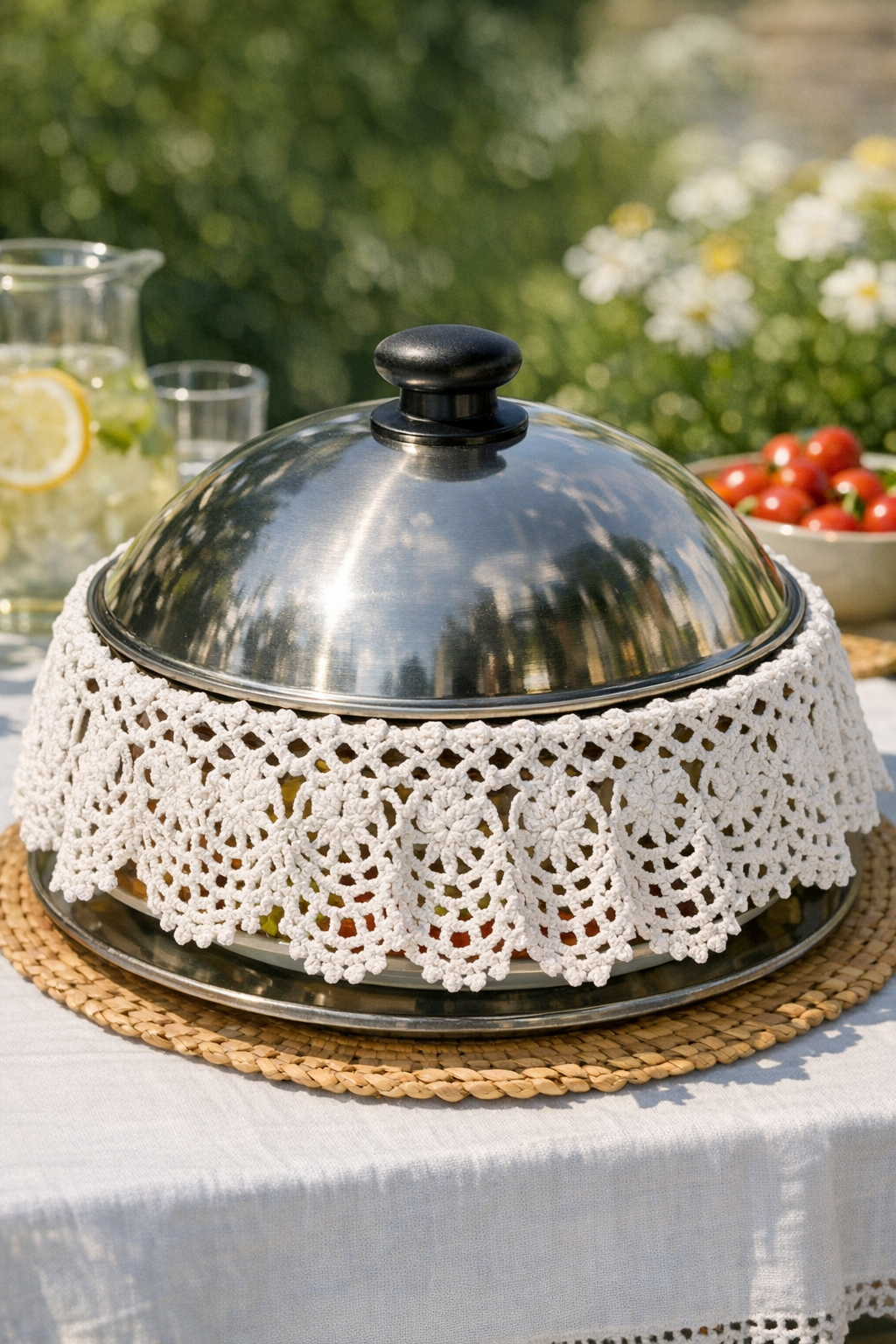 Finished crocheted outdoor buffet cover dome made with an upside down wok lid