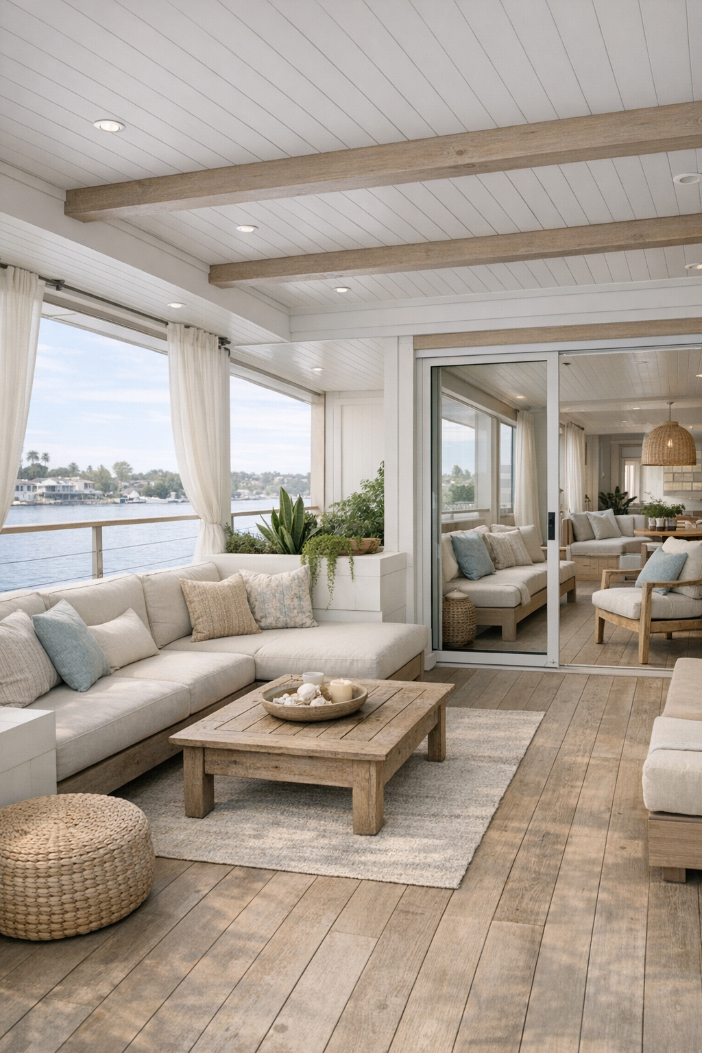 Covered deck lounge and secondary area with accessible pathways, built-in seating, and coastal finishes