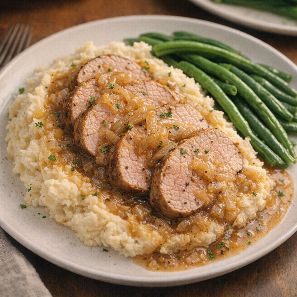 Served pork tenderloin with mashed potatoes and green beans
