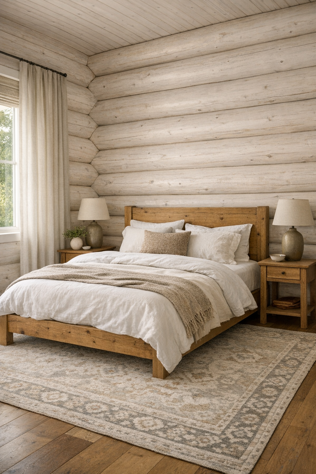Serene bedroom with pale log walls, layered white bedding, wood furniture, and soft natural light