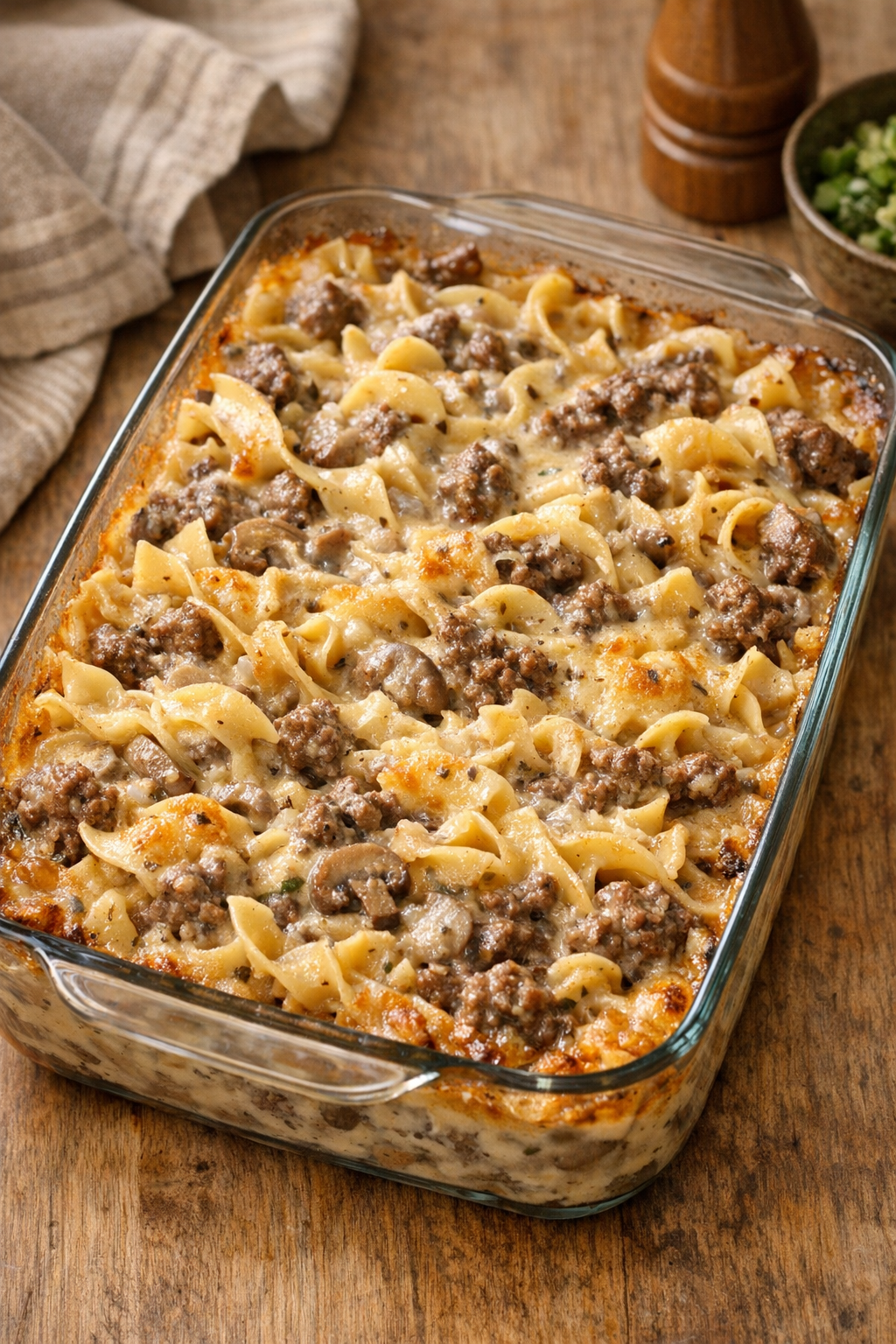 Baked beef and noodle casserole bubbling in the dish