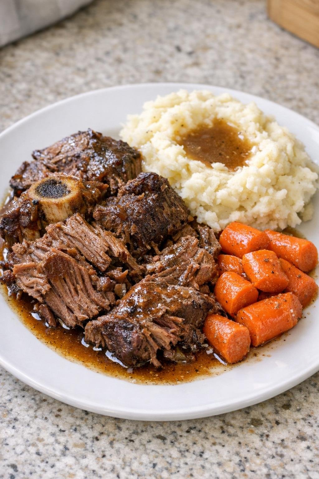 Finished slow cooker bone-in chuck roast plated with juices