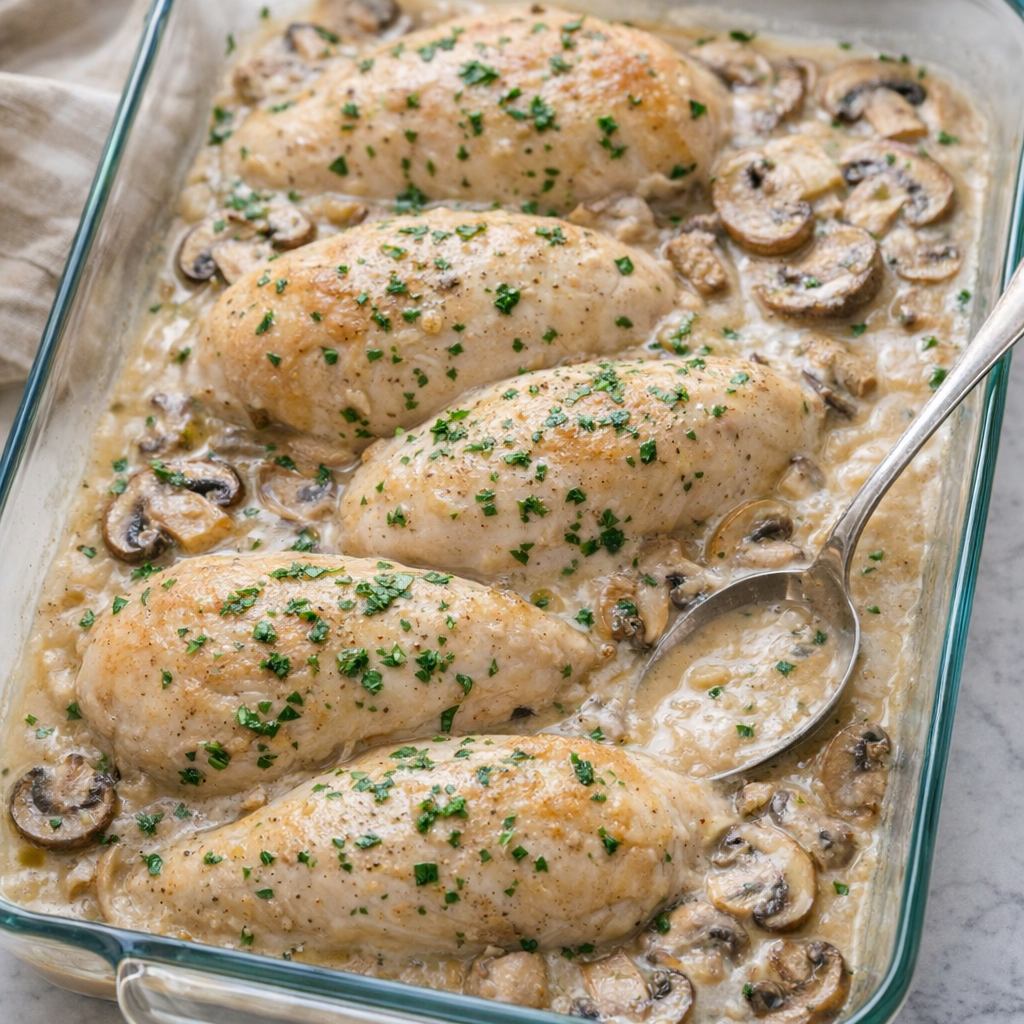 Baked mushroom chicken in a glass dish
