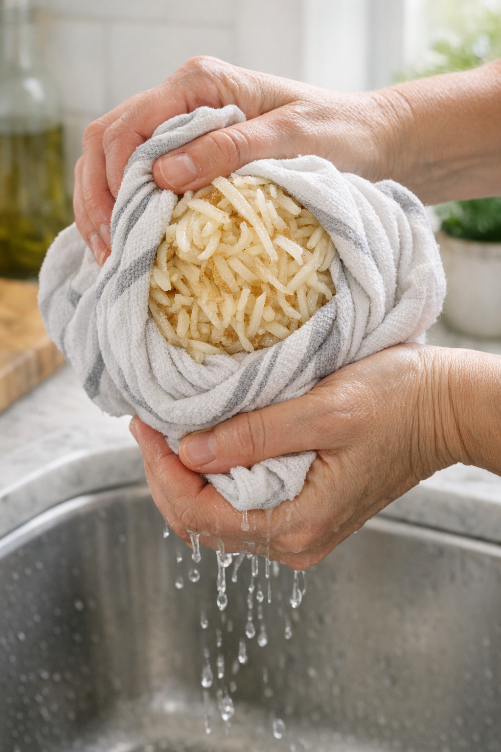 Shredded potatoes being squeezed dry in a kitchen towel
