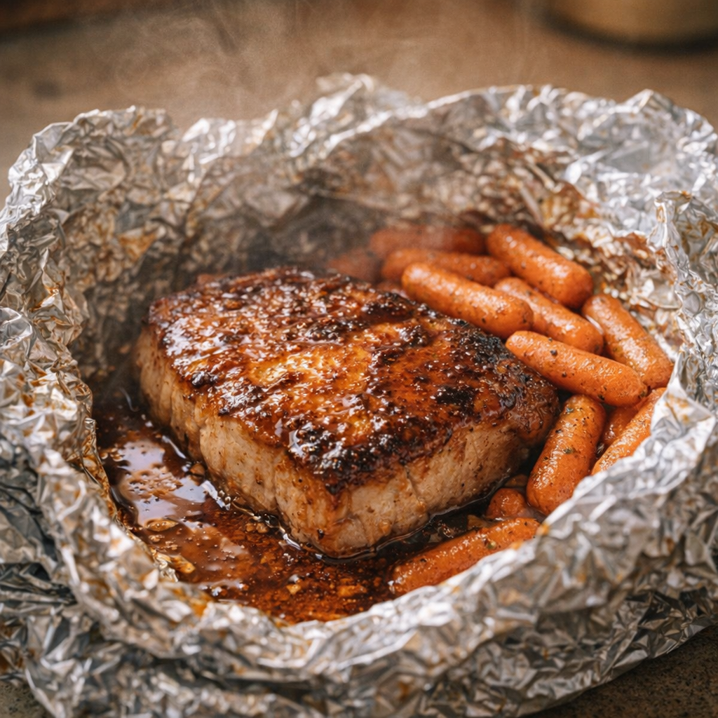 Opened foil packet with cooked honey pork chop and carrots
