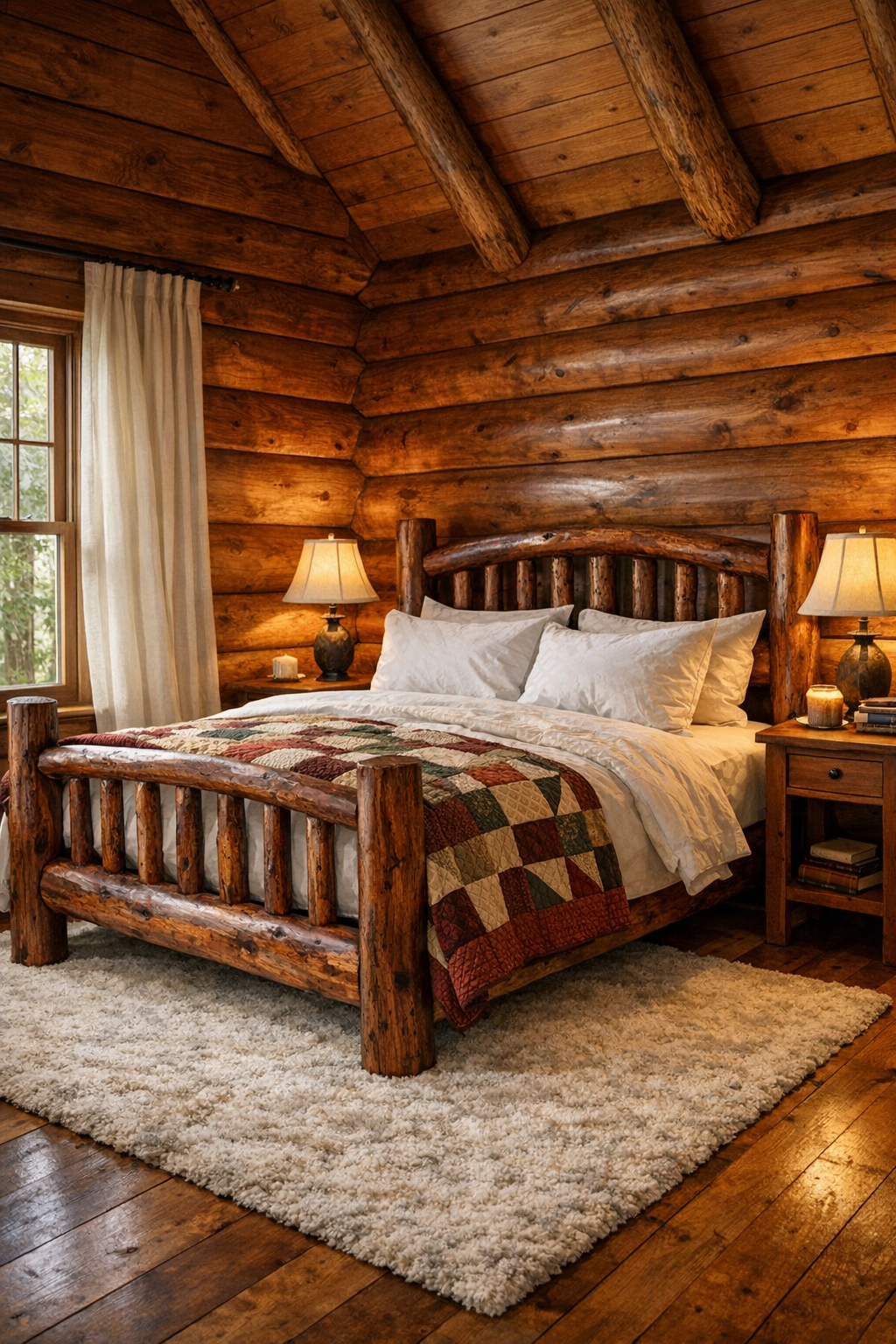 Peaceful wood bedroom with a handcrafted bed, layered textiles, and soft natural light